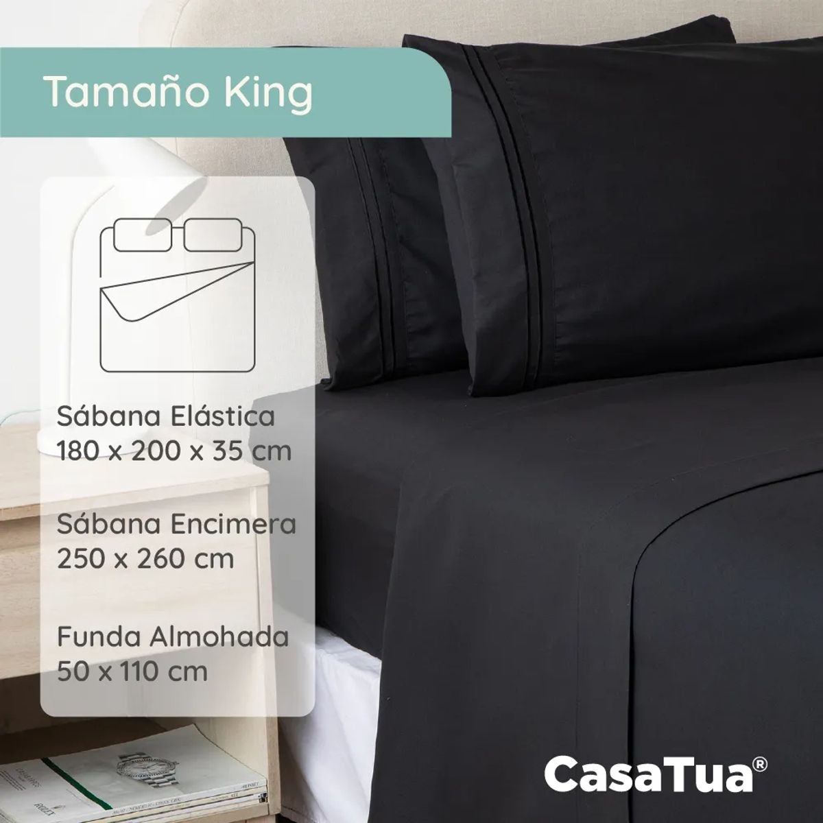 CASATUA - Sabana 1800 Hotel Ultra Suave + Funda Bordada King Color Negro