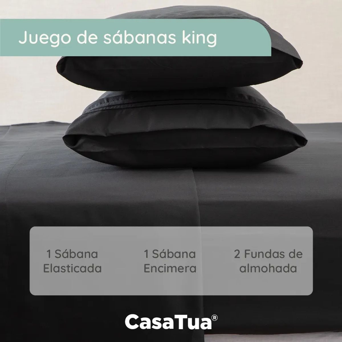 CASATUA - Sabana 1800 Hotel Ultra Suave + Funda Bordada King Color Negro