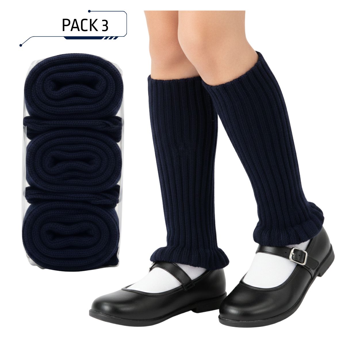 EKOL TACTICA MILITAR - Pack 3 Polainas de Lana para Niñas - Azul Clásico - Talle Único