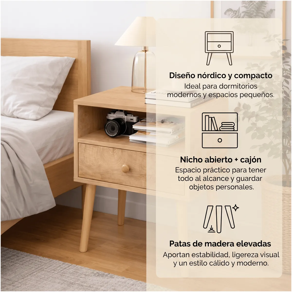HOMER DESIGN - Velador Minimalista Moderno Con Cajón Home Design 60x40x30