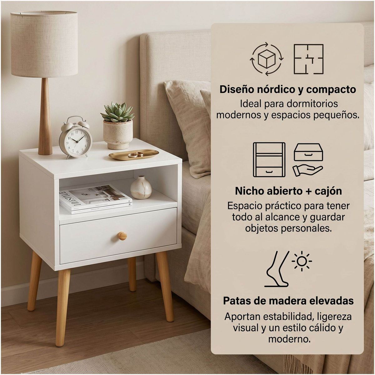 HOMER DESIGN - Velador Minimalista Moderno Con Cajón Home Design 60x40x30