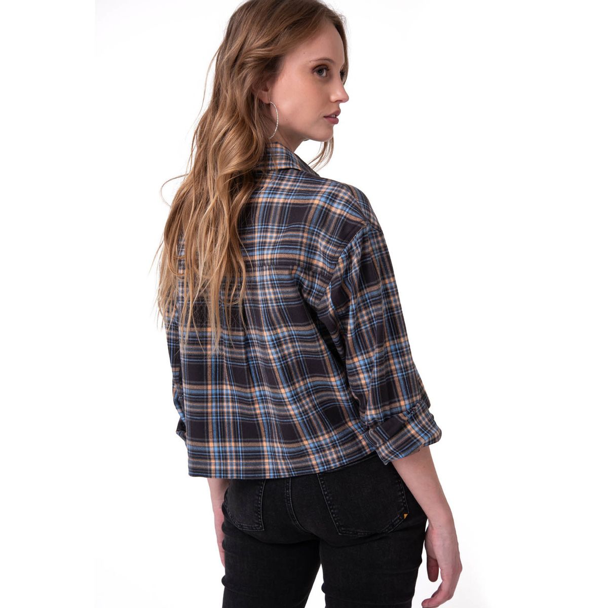 CAT - Camisa Manga Larga Mujer Cropped Flannel Negro CAT