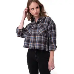 CAT - Camisa Manga Larga Mujer Cropped Flannel Negro