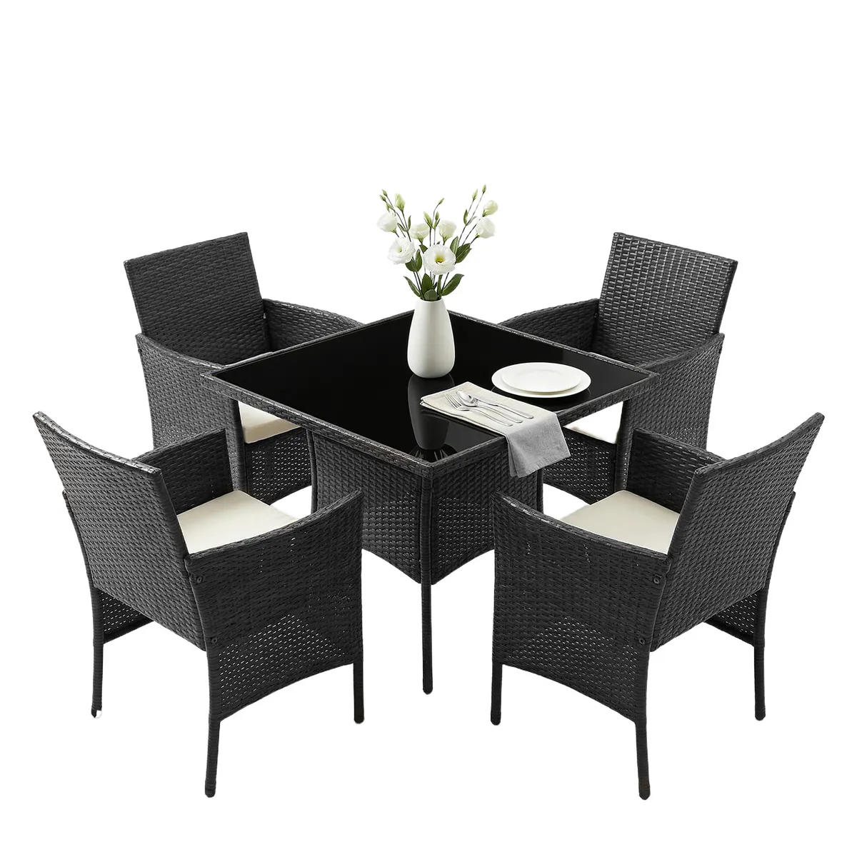 ELEMENT DESIGN - Juego de Terraza Comedor Alma 4 Personas, Mesa+4 Sillas Rattan PE, Moderno y Resistente
