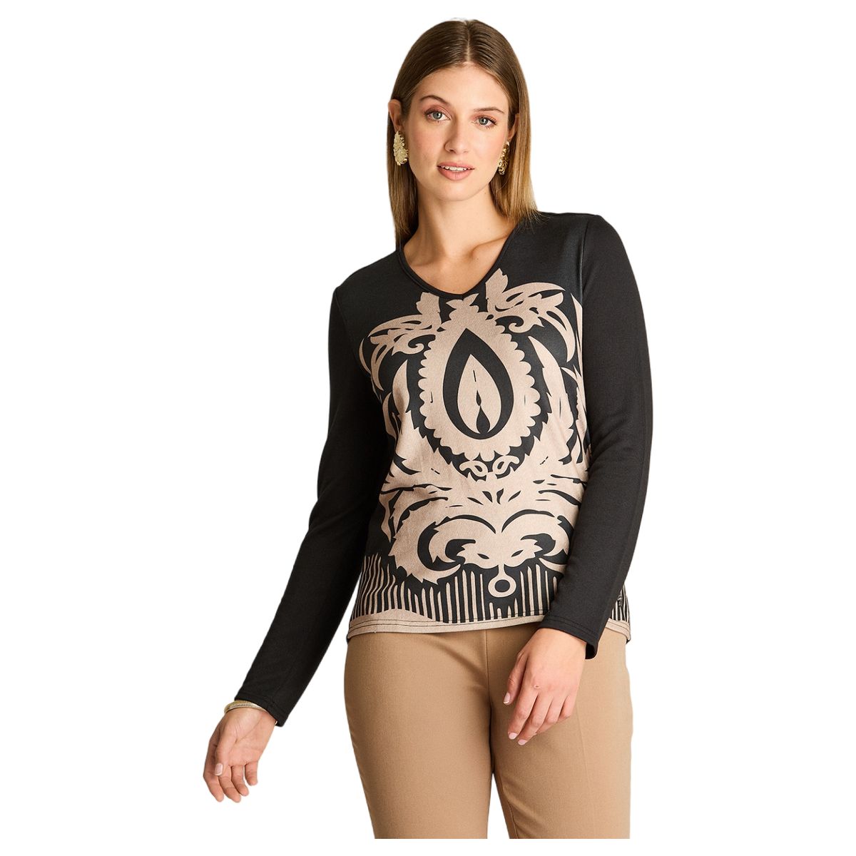LORENZO DI PONTTI - Polera Lanilla Negra Estampada Escote V