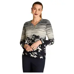 LORENZO DI PONTTI - Polera Azul Manga Larga Estampada con Detalle en el Escote