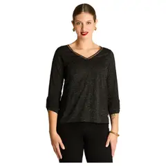 LORENZO DI PONTTI - Polera Negra Manga Larga Roll Up con Cuello V y Aplicaciones