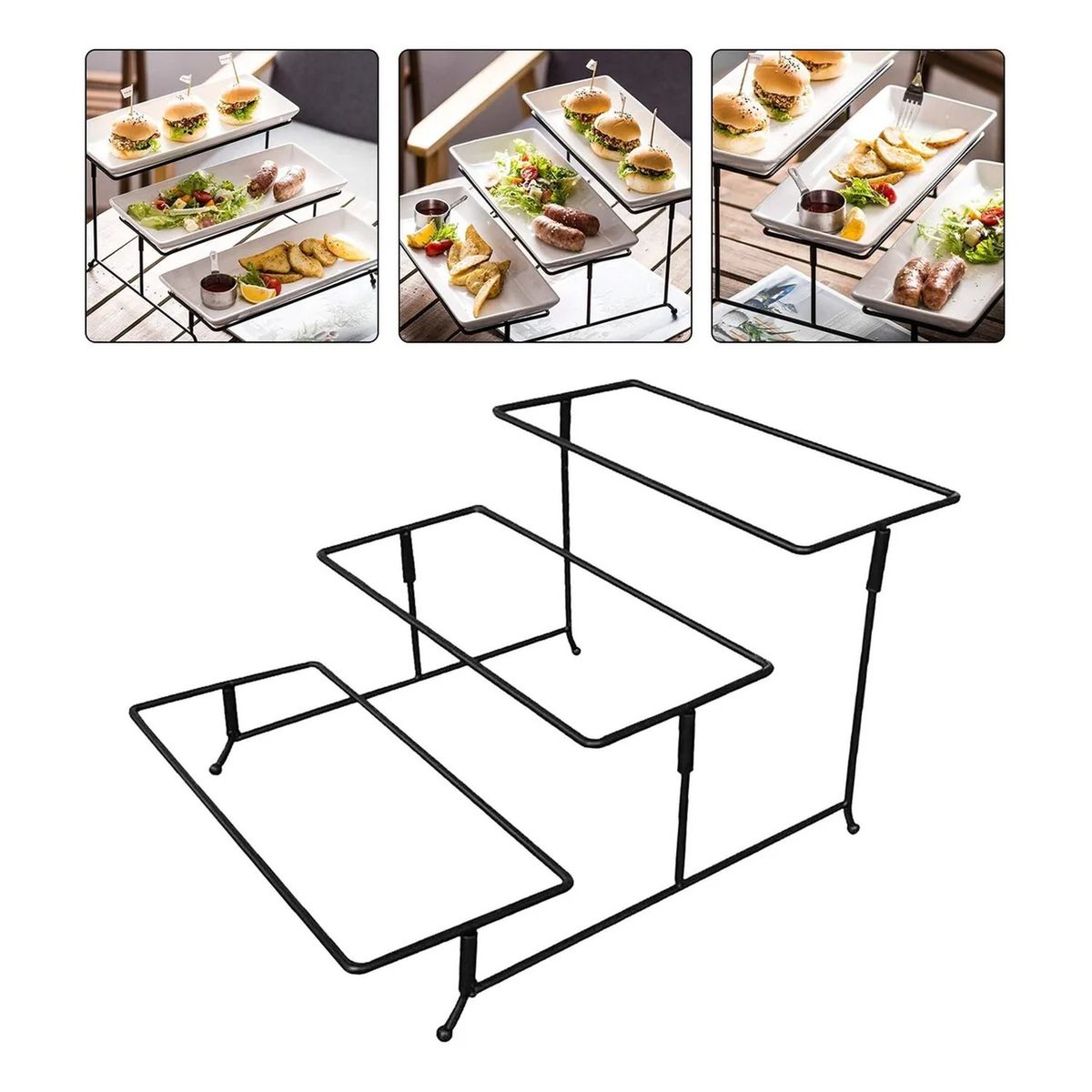 GENERICO - Soporte Para Alimentos Diseño Escalonado Metal Negro 3 Niveles
