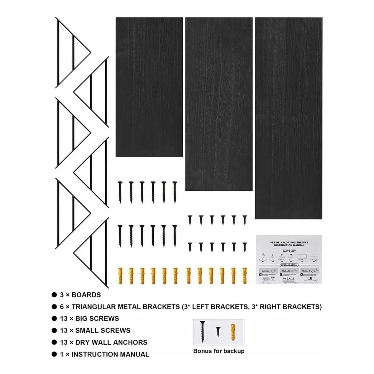 GENERICO - Estanterías Flotantes de Madera con Soporte Metálico Triangular