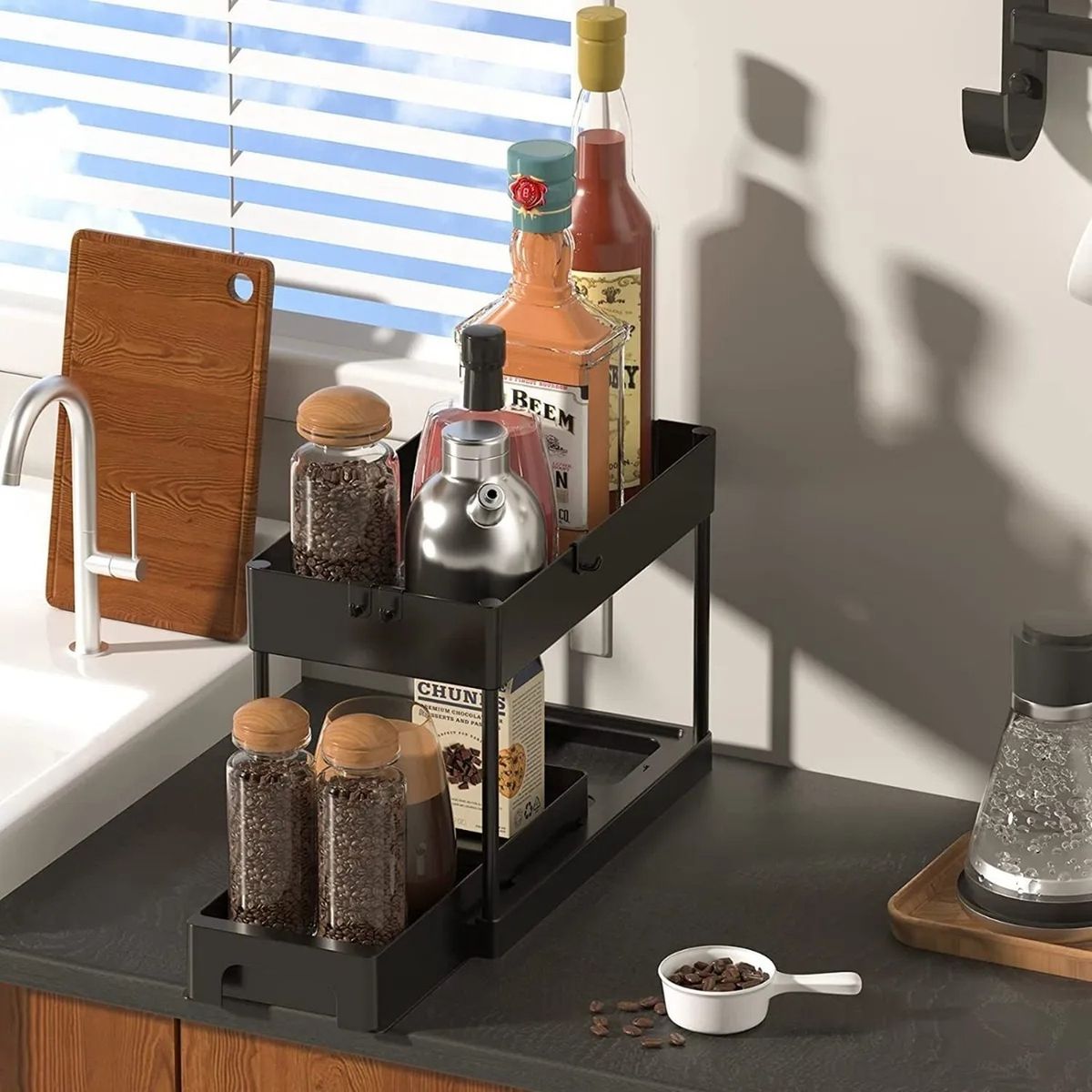 GENERICO - Organizador De Cocina De Plástico Negro 2 Niveles Ajustable