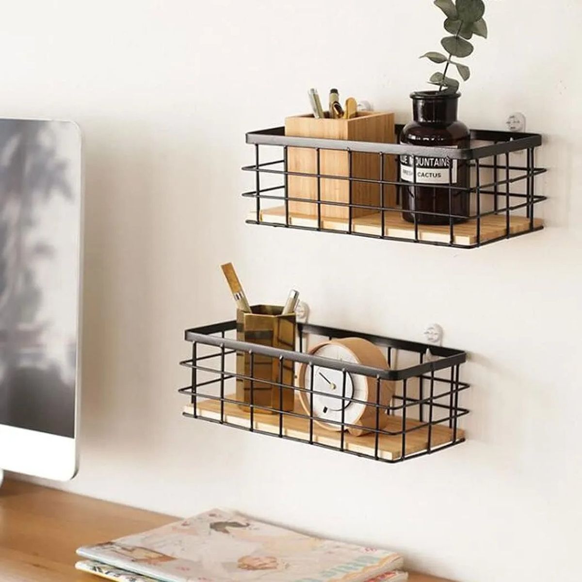 GENERICO - Caja Organizadora de Metal y Bambú Rectangular Negra