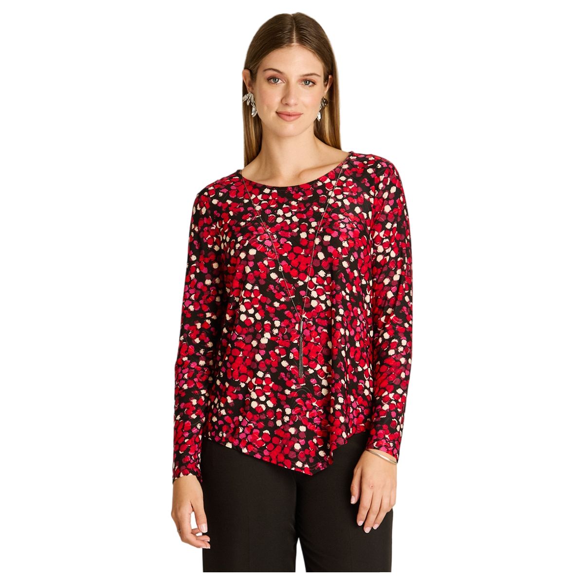 LORENZO DI PONTTI - Polera Roja Manga Larga Estampada con Cuello Redondo y Collar