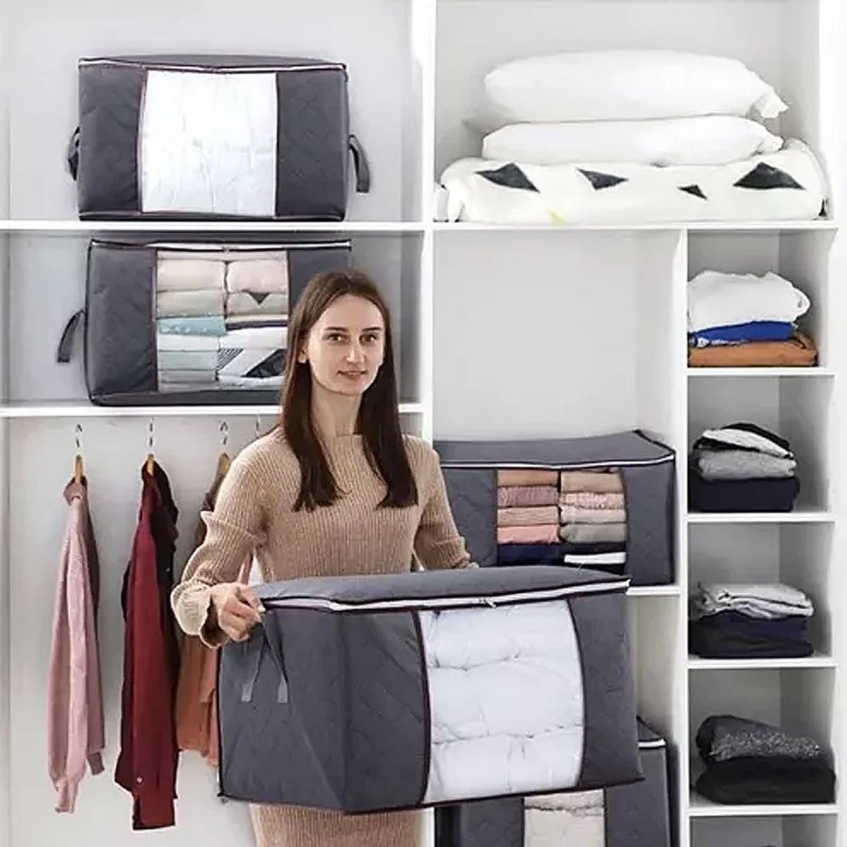 GENERICO - Caja Organizadora De Ropa Tela Oxford Gris Con Cremallera