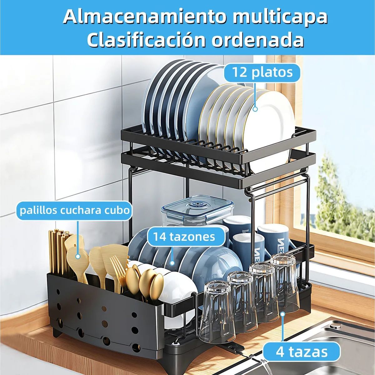 GENERICO - Escurreplatos Metálico Negro Doble Capa Con Porta Tazas Y Cubiertos