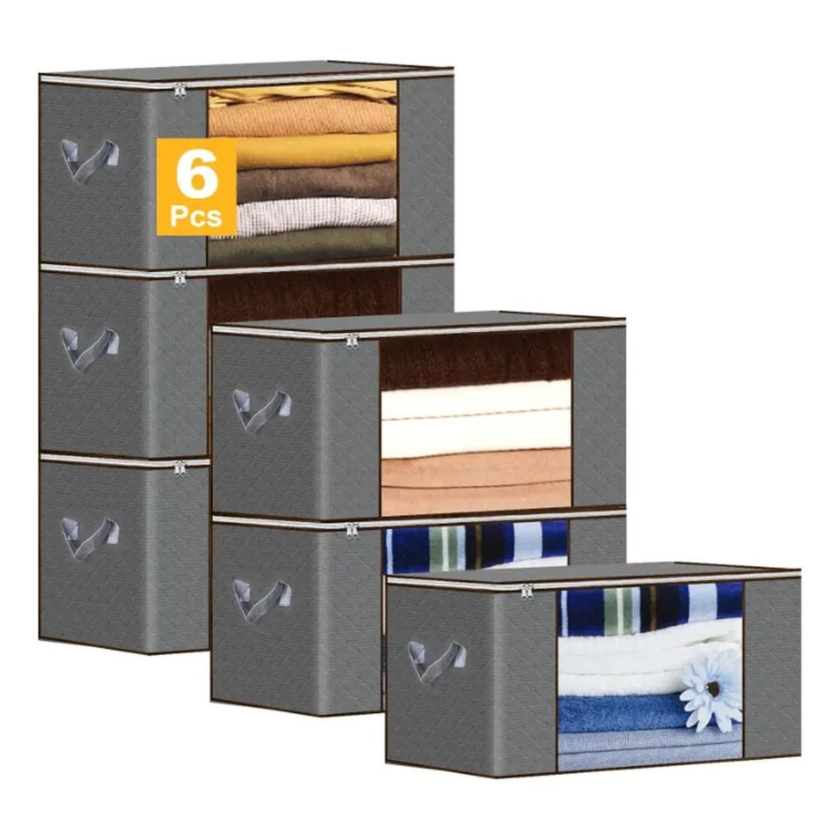 GENERICO - Cajas Organizadoras De Tela Con Cremallera 6 Piezas Grande Gris