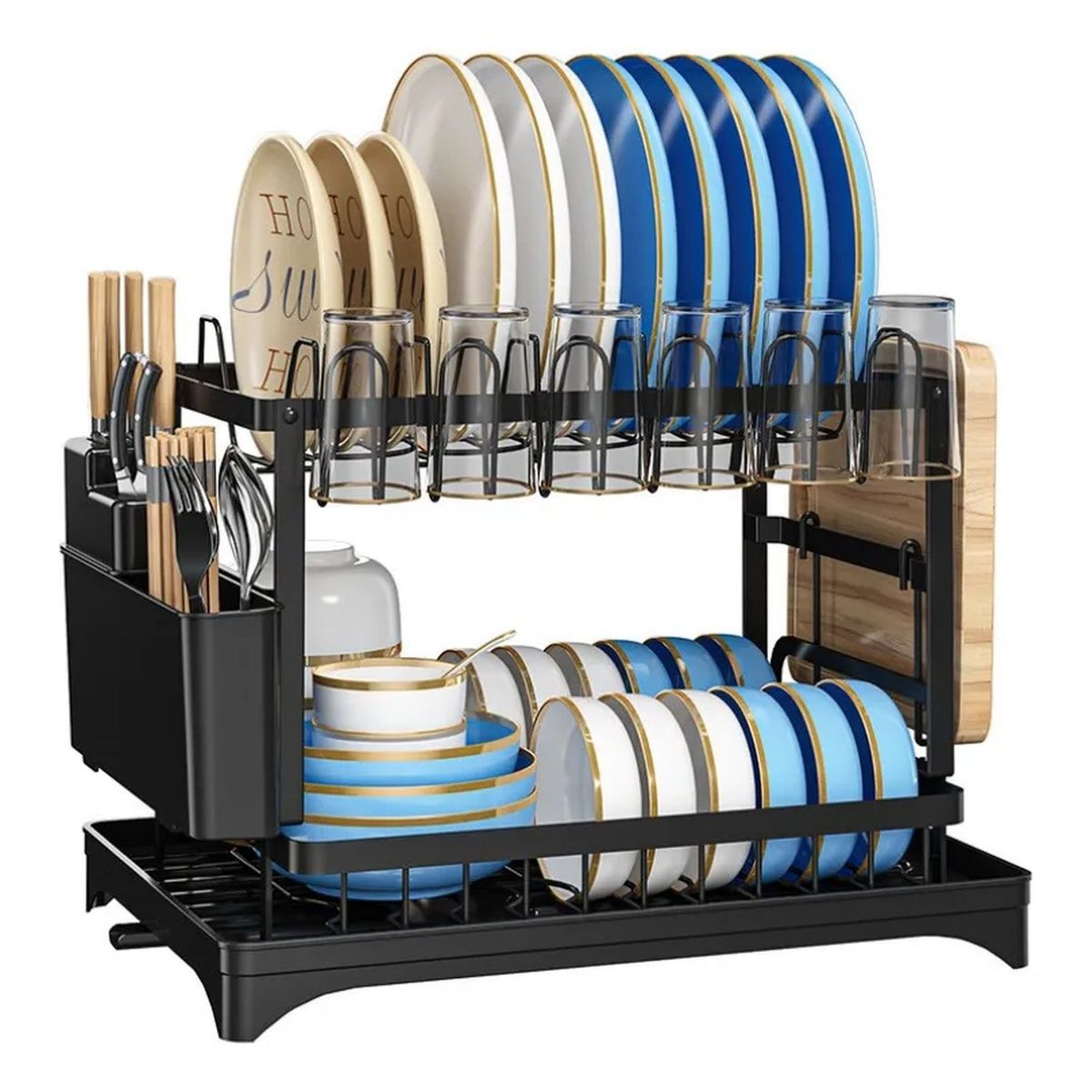 GENERICO - Escurridor De Platos De Acero Inoxidable Doble Nivel Con Bandeja De Drenaje Ajustable 360°