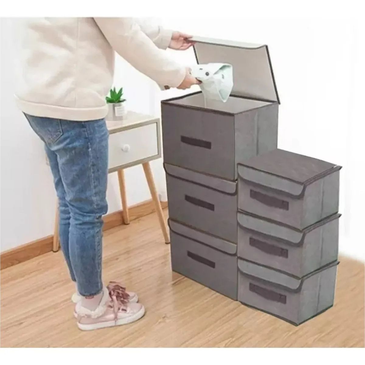 GENERICO - Cajas Organizadoras de Tela Plegables con Tapa Set de 6 Gris