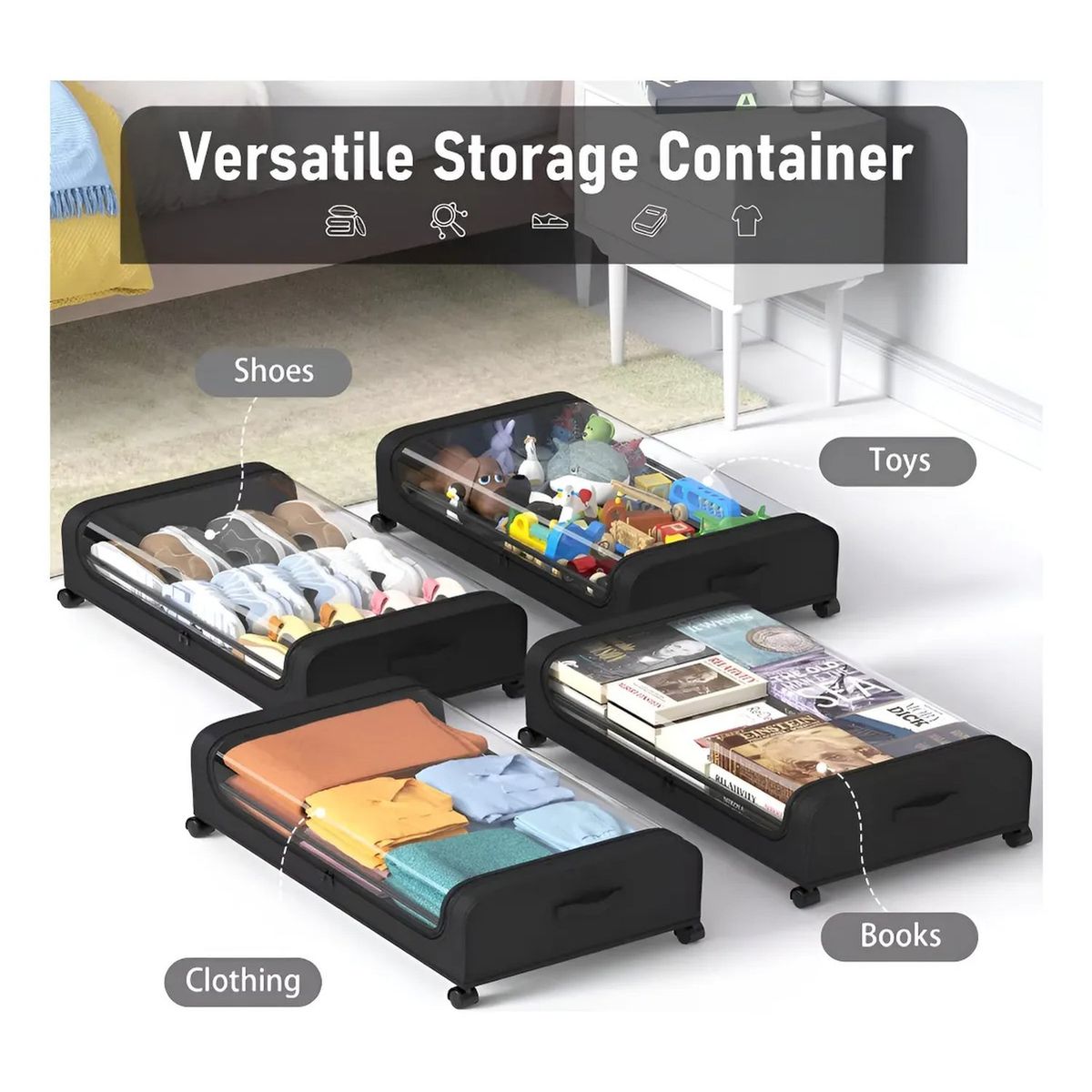 GENERICO - Caja De Almacenamiento Con Ruedas Bajo Cama Transparente Rectangular