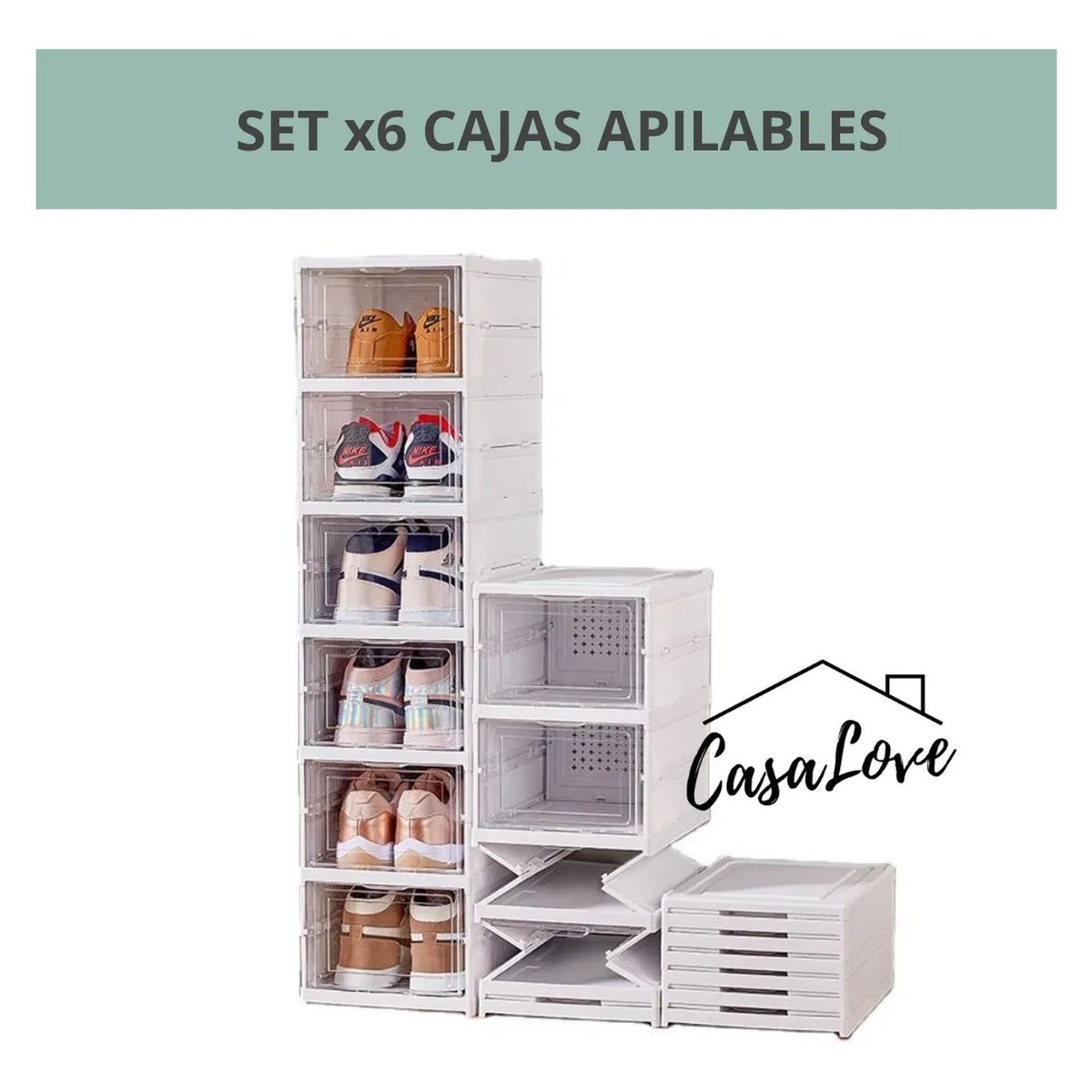 GENERICO - Set De Cajas Apilables Plástico Blanco x6 Organización