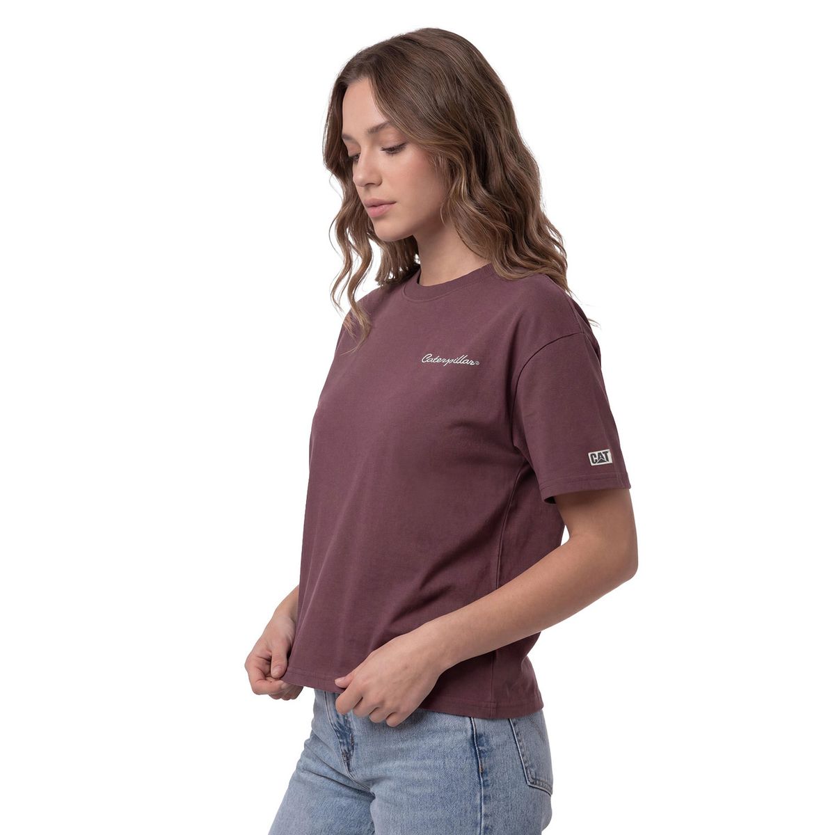 CAT - Polera Mujer Boxy Heavyweight Emb Burdeo CAT