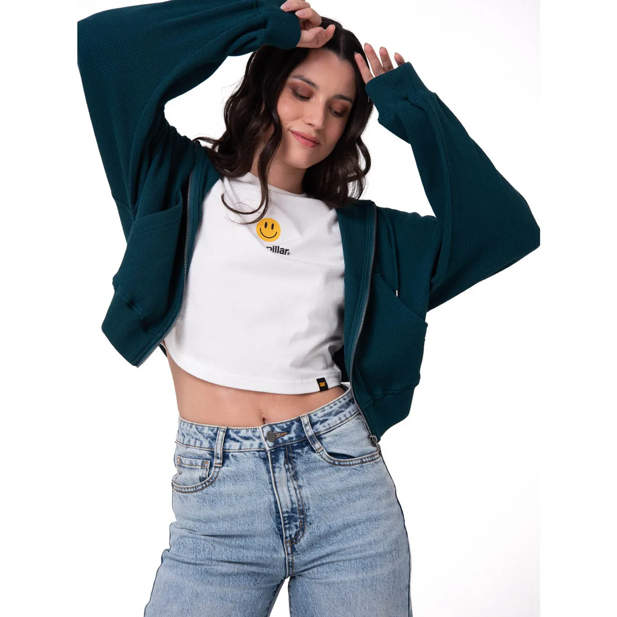 CAT - Polerón Mujer Waffle-Knit Cropped Verde Oscuro CAT