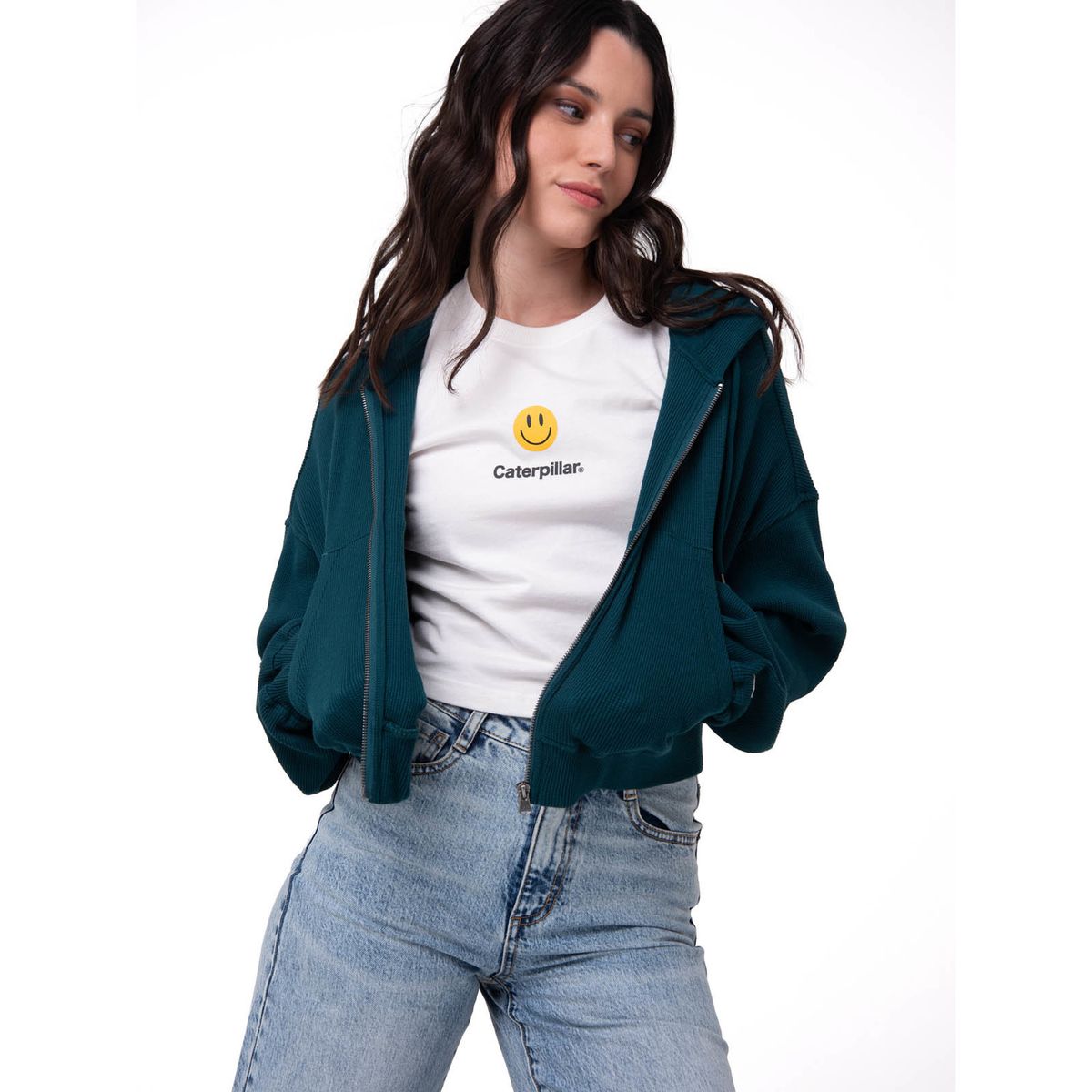 CAT - Polerón Mujer Waffle-Knit Cropped Verde Oscuro CAT