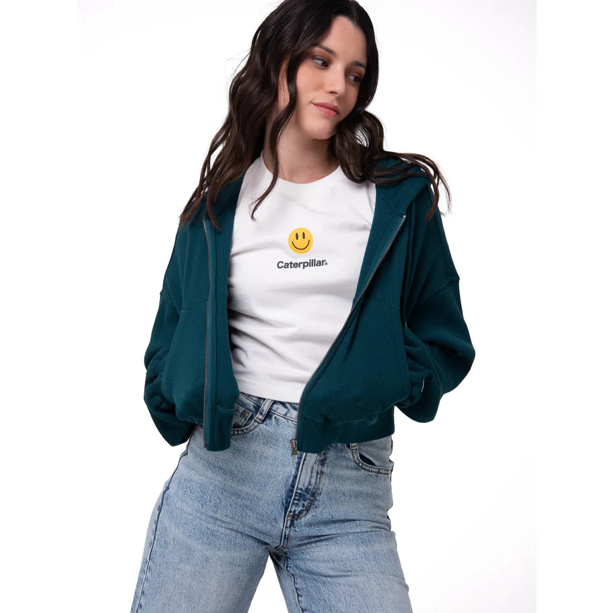 CAT - Polerón Mujer Waffle-Knit Cropped Verde Oscuro CAT