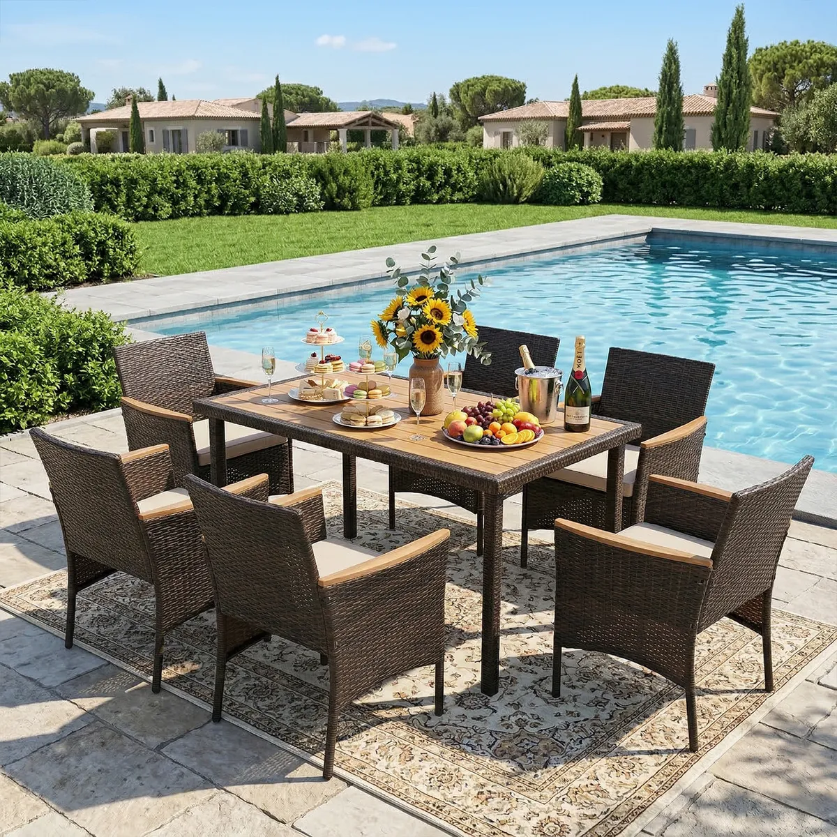 ELEMENT DESIGN - Juego de Terraza Comedor Alma 6 Personas, Mesa de Plástico de Madera y Sillas con Cojines, Marrón