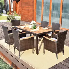 ELEMENT DESIGN - Juego de Terraza Comedor Alma 6 Personas, Mesa de Plástico de Madera y Sillas con Cojines, Marrón