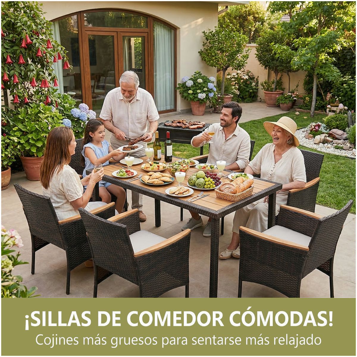 ELEMENT DESIGN - Juego de Terraza Comedor Alma 6 Personas, Mesa de Plástico de Madera y Sillas con Cojines, Marrón