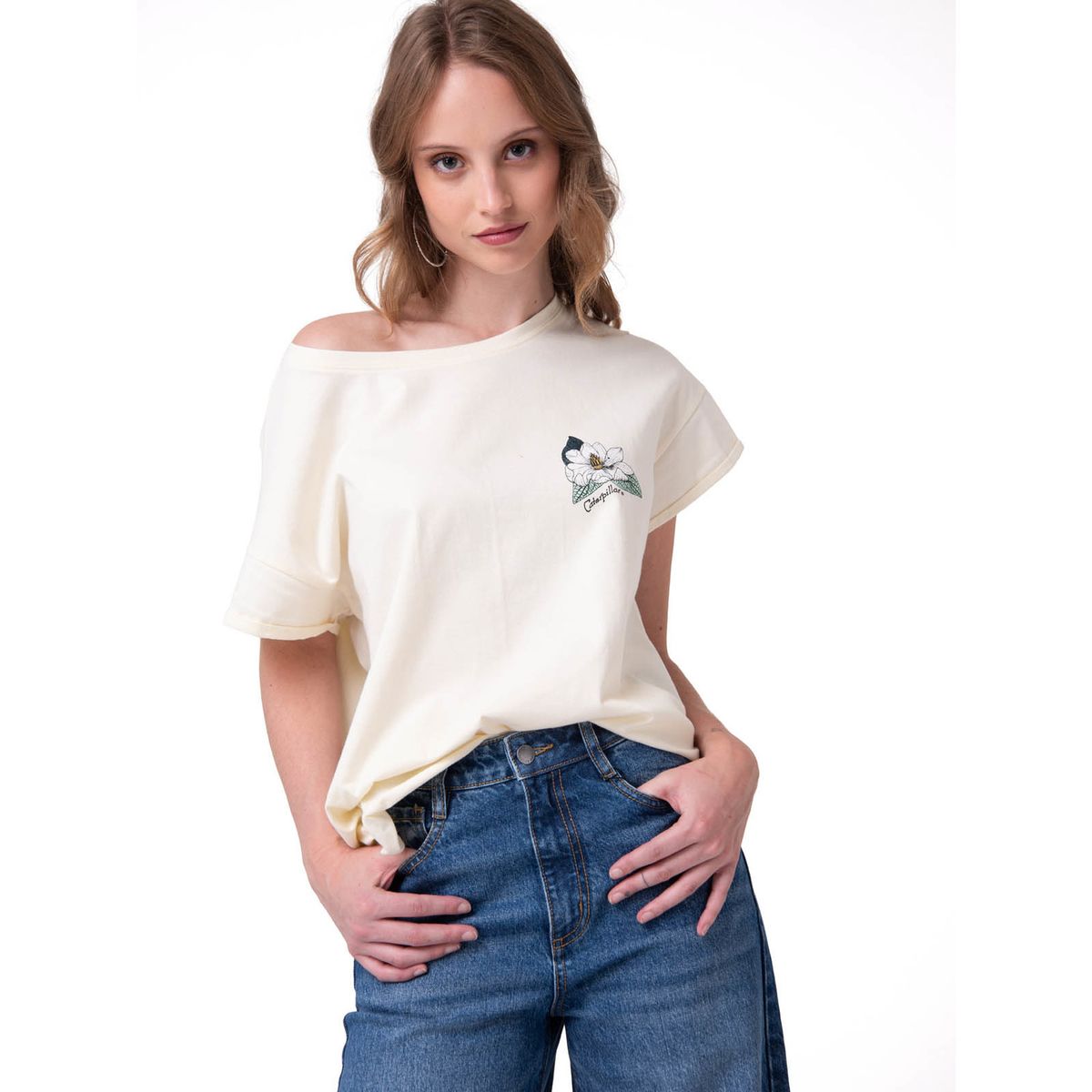 CAT - Polera Manga Corta Mujer Botanical Relaxed Blanco CAT