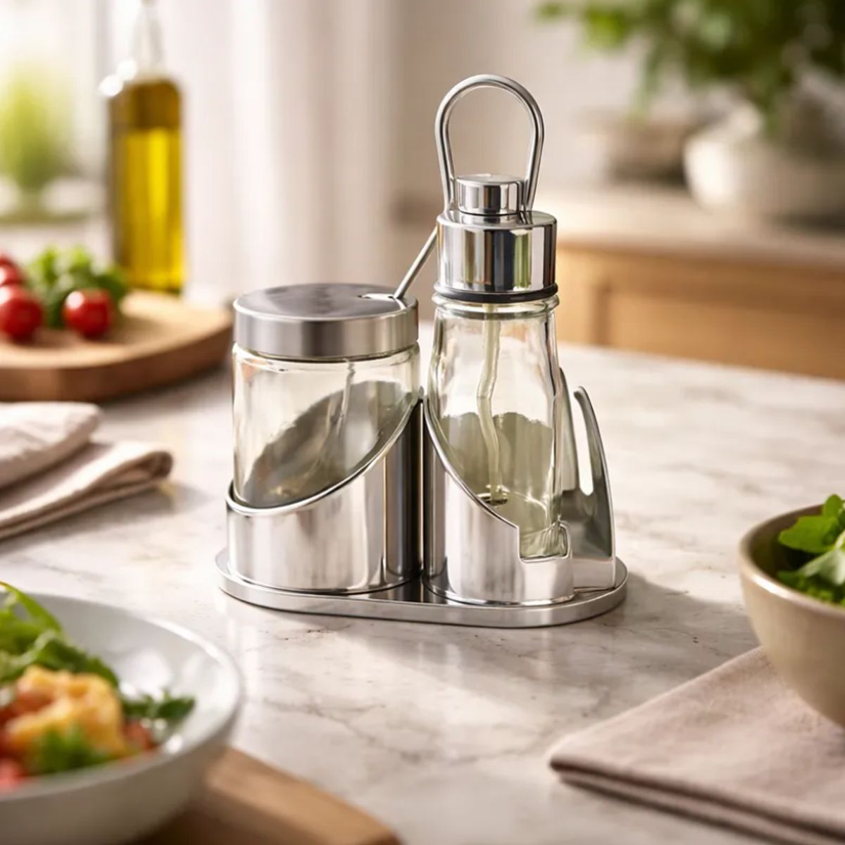 GENERICO - Set de alcuza de acero inoxidable y vidrio para mesa