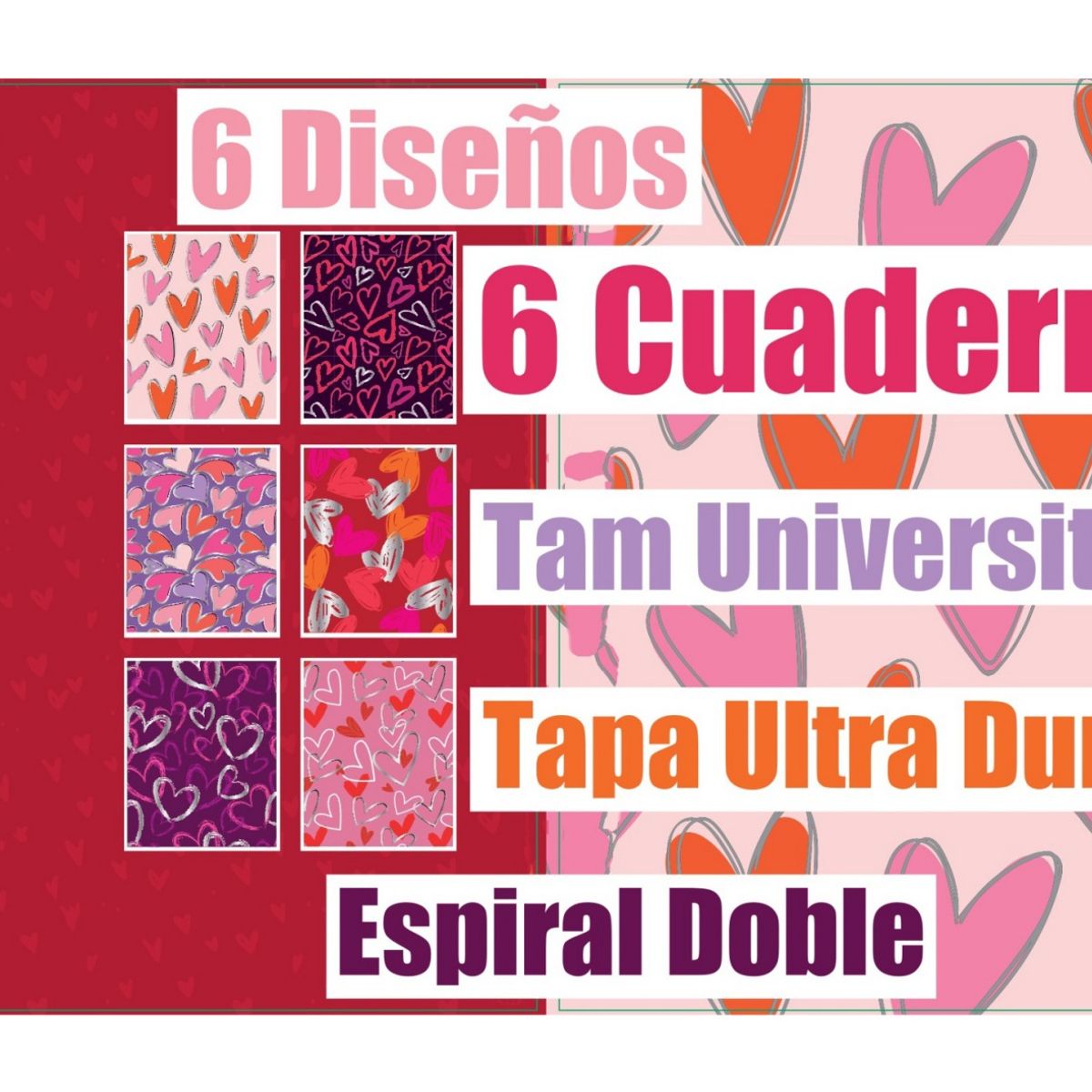 GLAM - Cuaderno Glamtex Univesitario Tapa Extra Dura 100h 7mm Corazones 6u