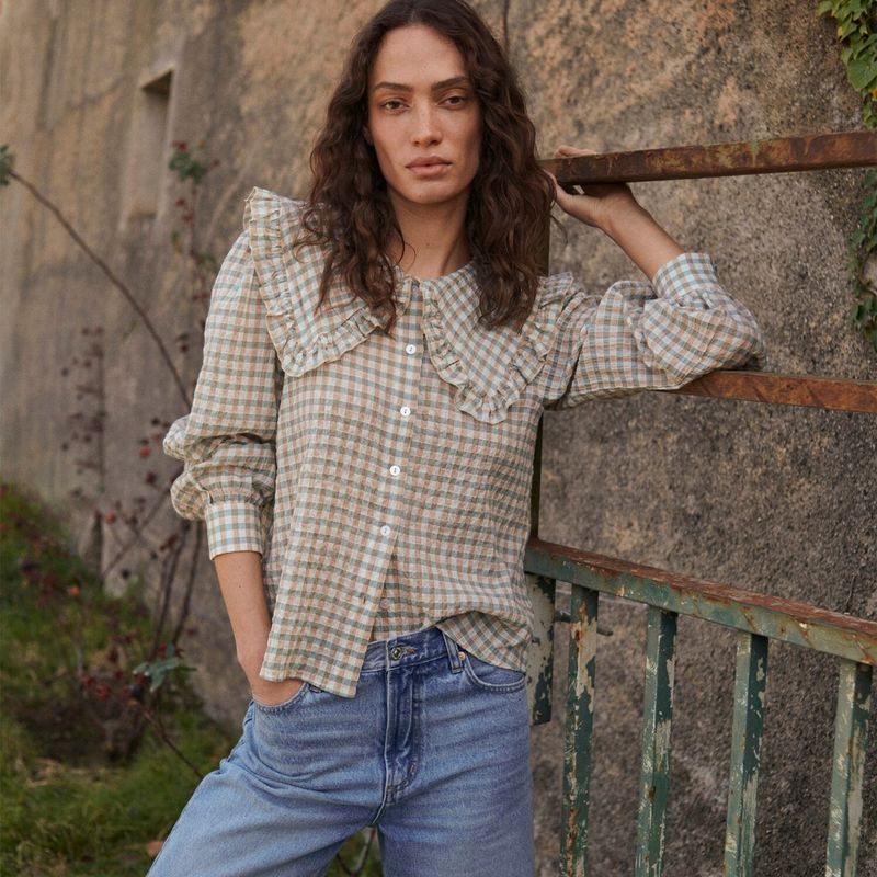 MANGO Blusa Algodón Cuello Babydoll Cuadro Vichy Mujer