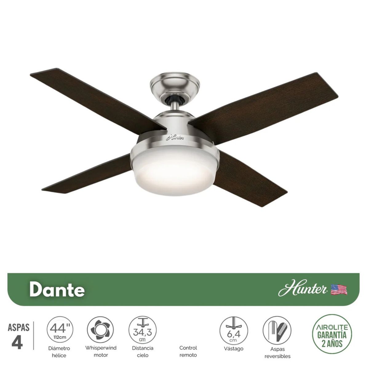 HUNTER - PACK X2 VENTILADOR DE TECHO HUNTER DANTE NIQUEL 44"