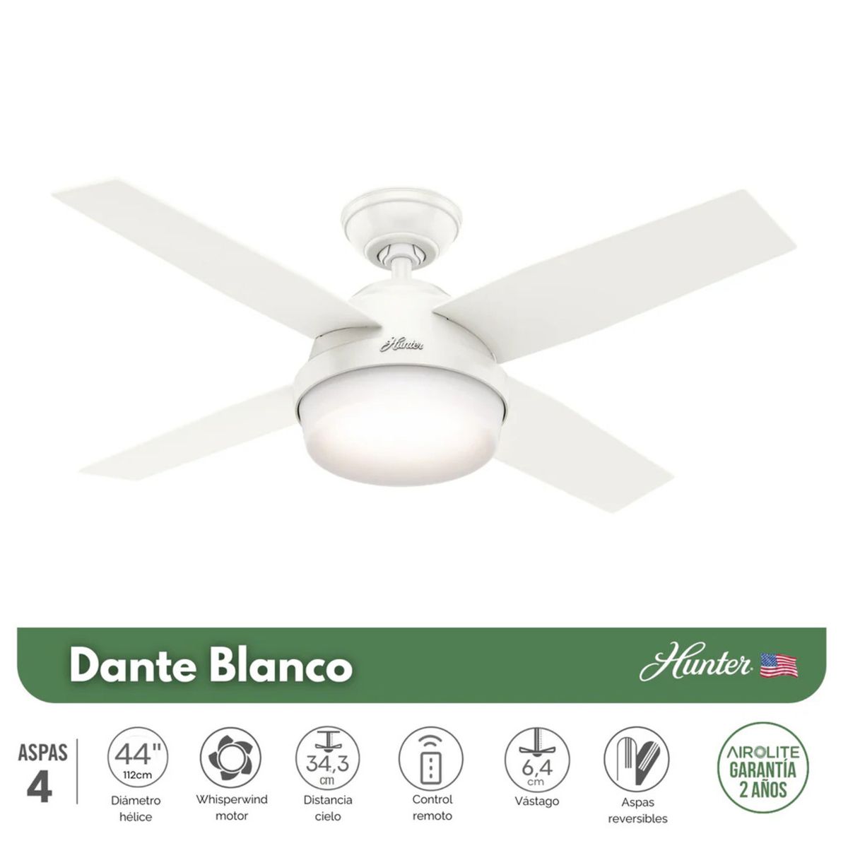 HUNTER - PACK X2 VENTILADOR DE TECHO HUNTER DANTE BLANCO 44"