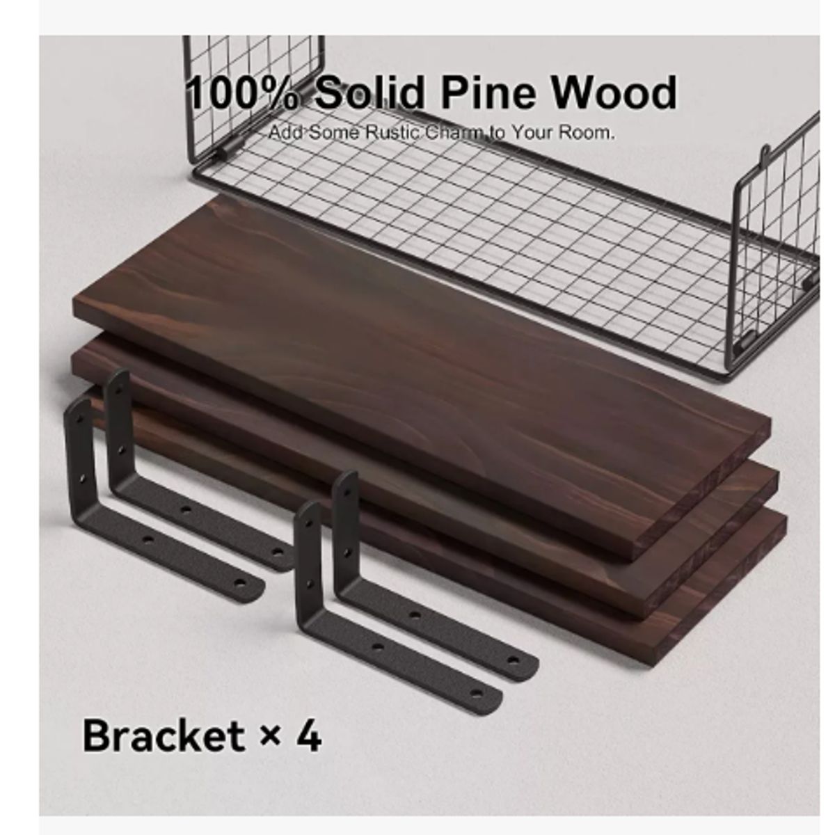 GENERICO - Estante Flotante de Madera Pino con Cesta Metálica 42cm Chocolate