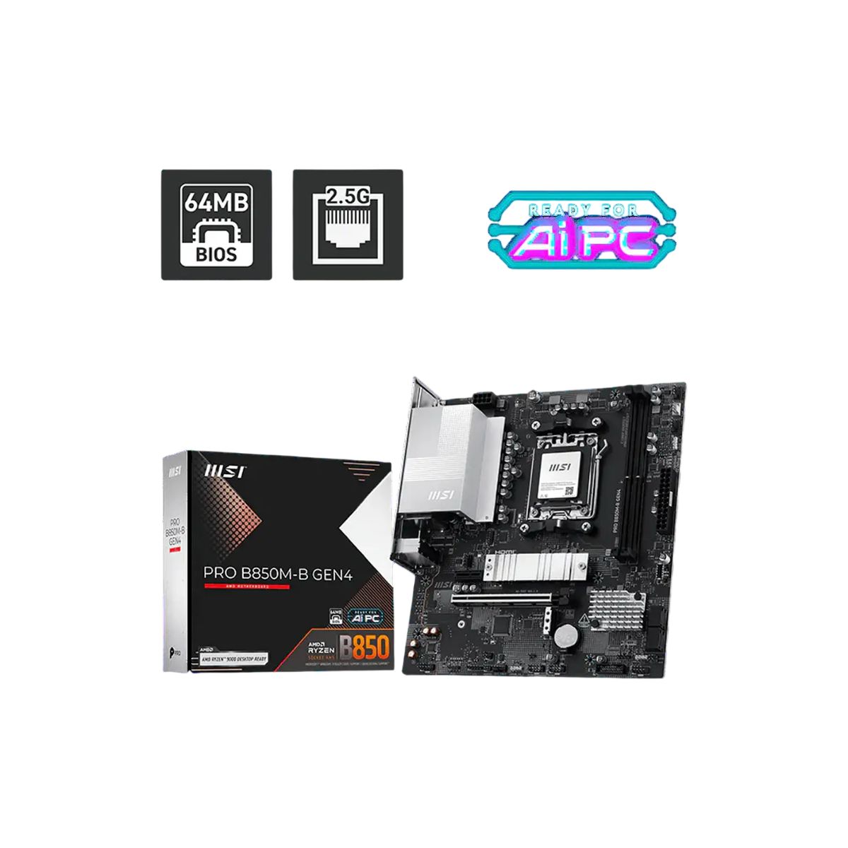MSI - MSI PRO B850M-B GEN4 Placa Madre AM5 mATX, DDR5 8200+ OC, PCIe 5.0 M.2, 2.5G LAN, HDMI 2.1, DisplayPort, Ryzen 9000/8000/7000