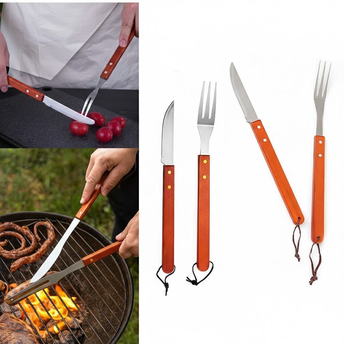 GENERICO - Set Asado Parrilla 2 Piezas Acero Inoxidable Madera
