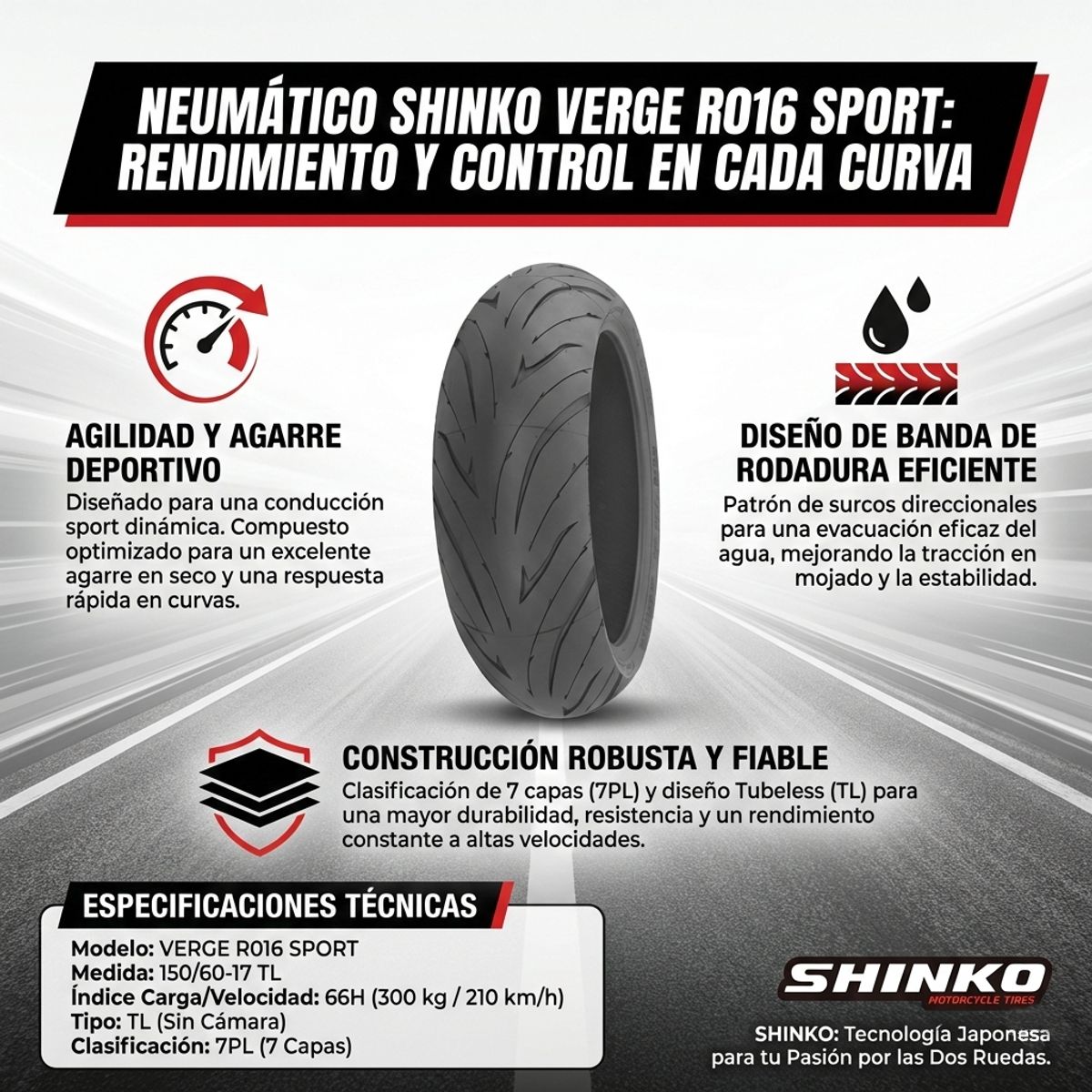 GENERICO - Neumatico 15060-17 TL 66H 7PL VERGE R016 SPORT SHINKO