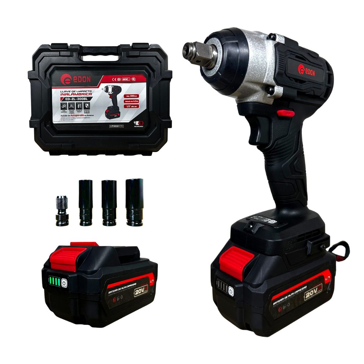 GENERICO - Llave de impacto inalámbrica Edon 1/2" + 2  baterías 4.0 AH + accesorios