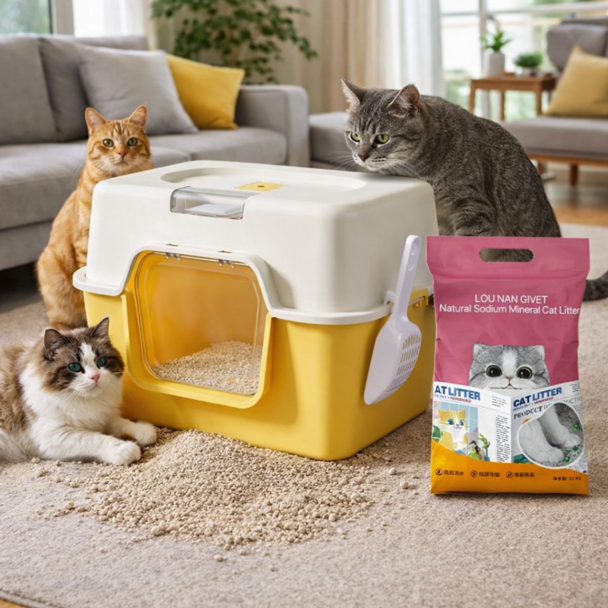 SUKEA - Pack Arenero 2 En 1 Grande 52cm + Arena Mineral 10kg Amarillo
