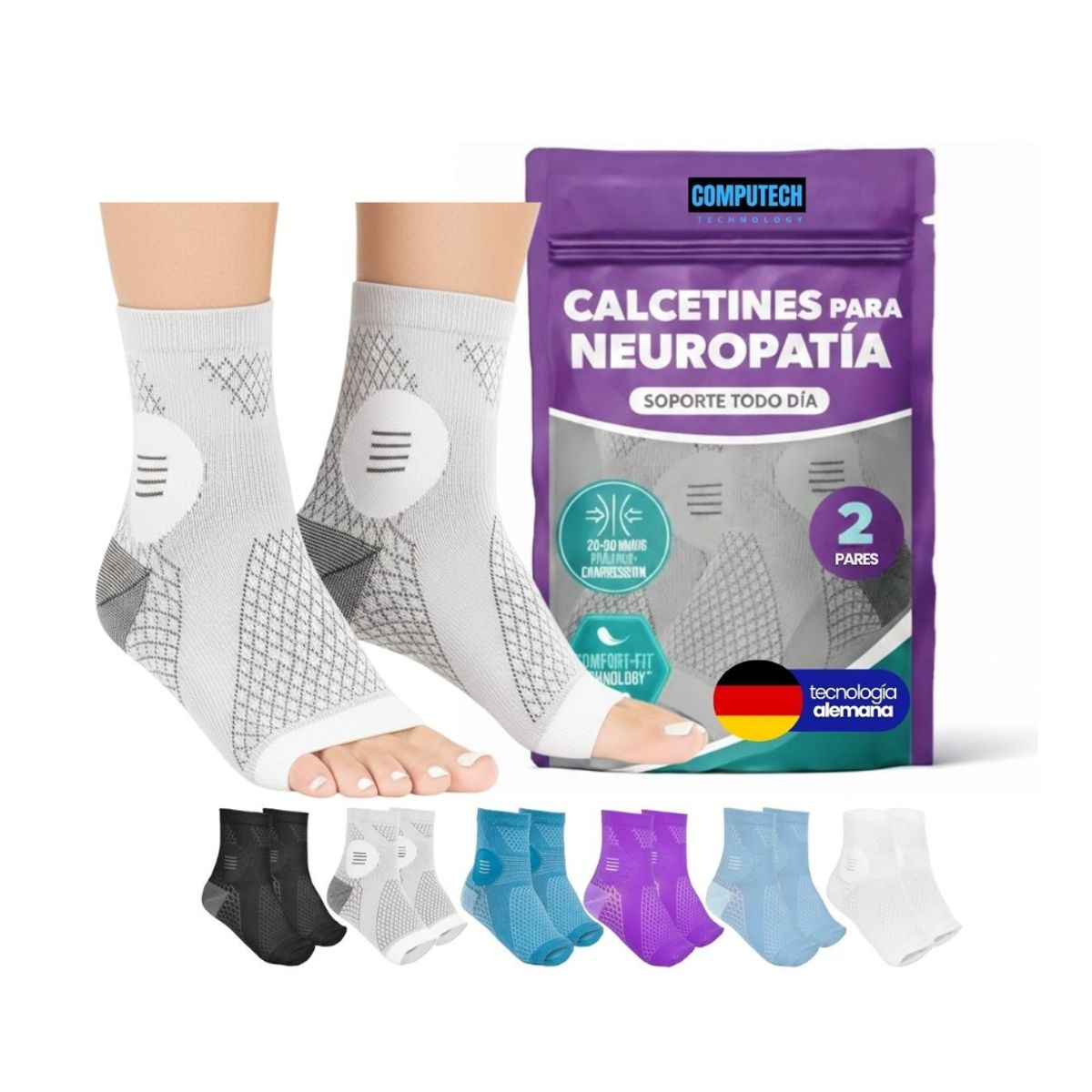 COMPUTECH - Pack X2 Medias Compresion Varices Neuropatia Diabetes SM Blanco