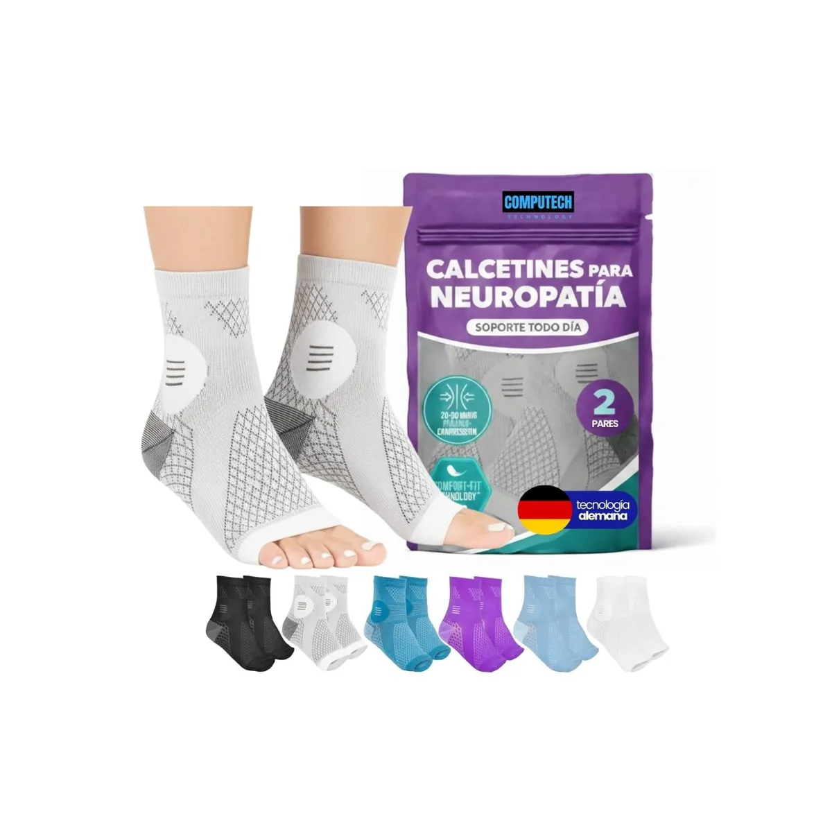 COMPUTECH - Pack X2 Medias Compresion Varices Neuropatia Diabetes SM Blanco