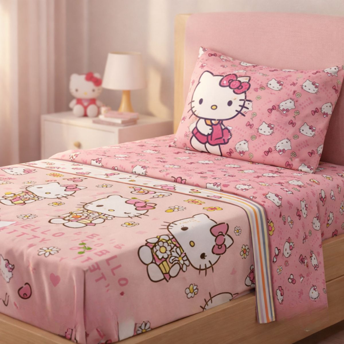 MASHINI - Juego Sábanas Mashini Hello Kitty Margarita 1.5 Plazas Microfibra