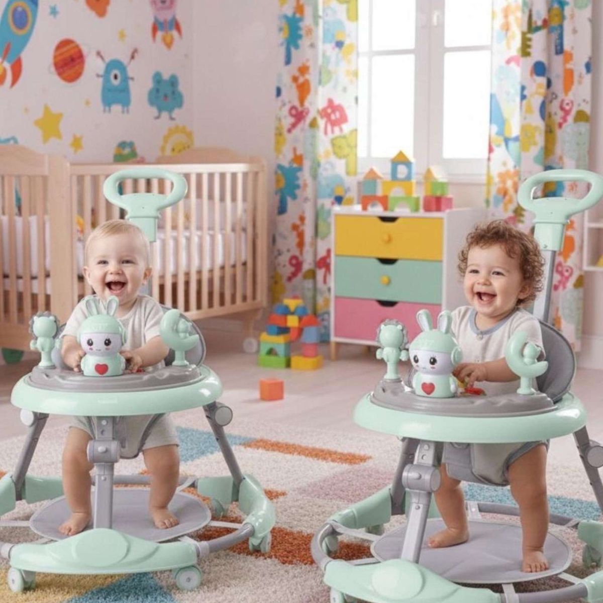 GENERICO - Pack 2 Andador de Bebe Gemelos con Juegos Interactivos - Seguridad y Diversion en sus Primeros Pasos Verde Menta