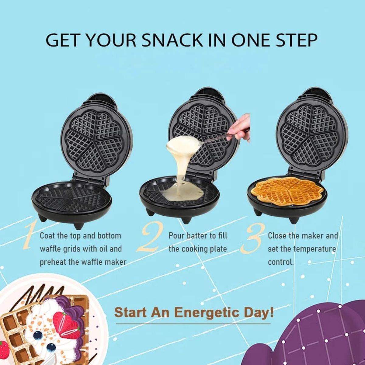GENERICO - Máquina de waffles corazón sandwish teflon antiaherente 5 porciones