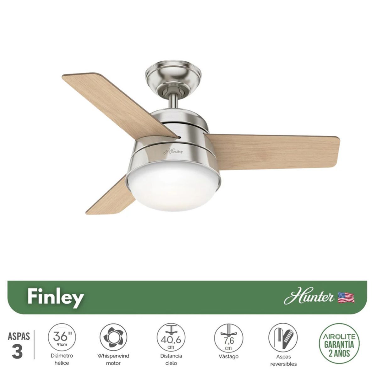 HUNTER - PACK X2 VENTILADOR DE TECHO HUNTER FINLEY NIQUEL 36"