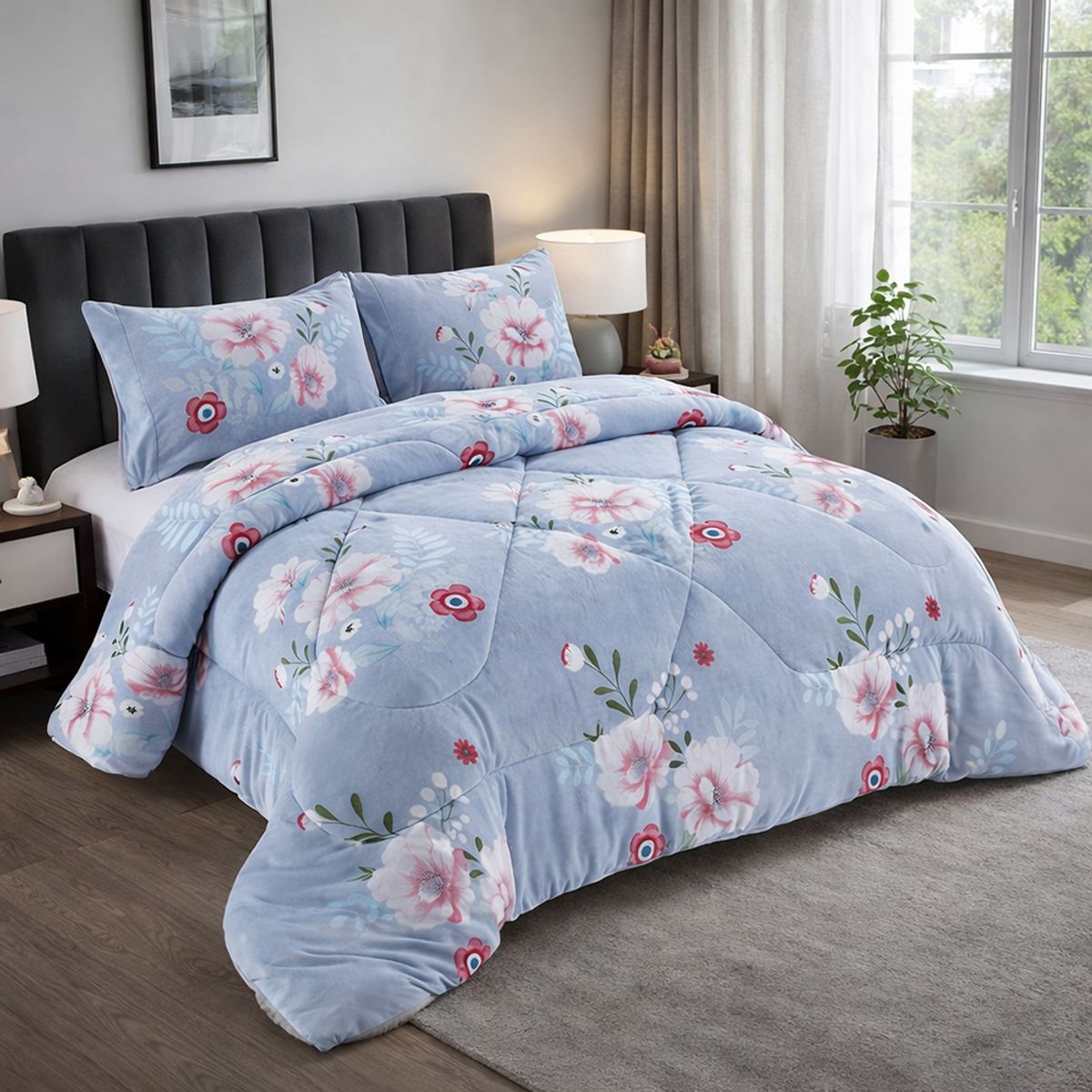 GENERICO - Cobertor para Invierno 2 Plazas con Chiporro Azul Floral