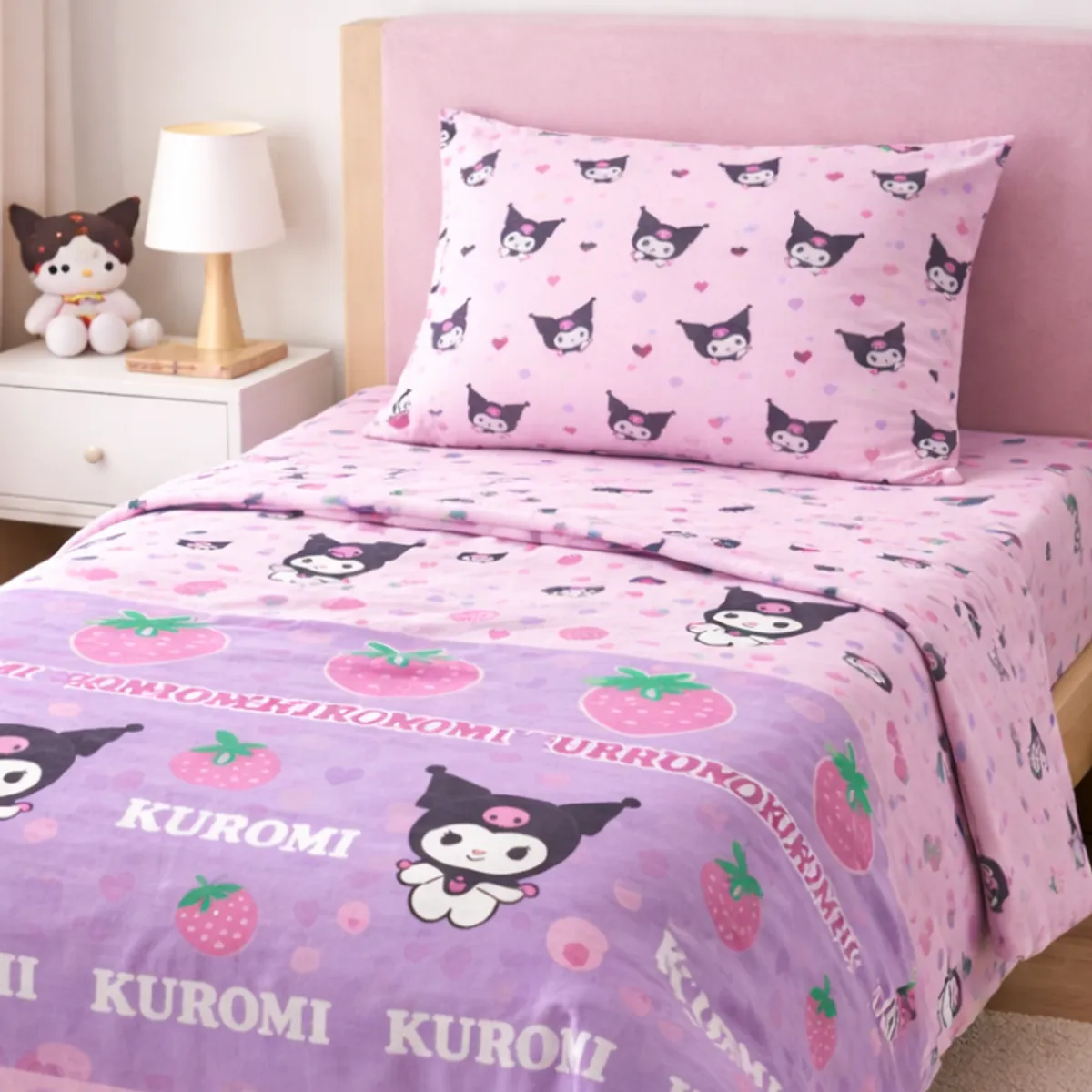 MASHINI - Juego Sábanas Mashini Kuromi Frutillas Niña 1,5 Plazas